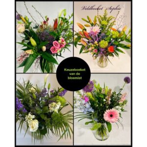 een veldboeket is een mooi fleurig kado waar je iemand heel blij mee maakt en het staat ook nog lang , de bloemist maakt er een mooi geheel van , roos ,eustom,lelie , chrijsant , gerbera ,groensoorten