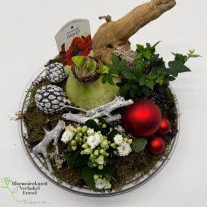 glazen schaal met kerstdecoratie en amaryllis